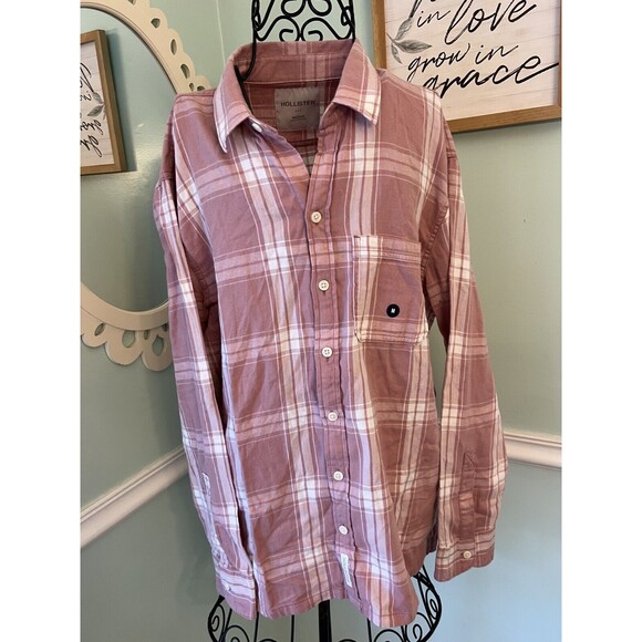 Hollister Pink White  Checked Plaid Long Sleeve Button Front Flannel Shirt M - Picture 1 of 6